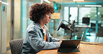 Laptop, headphones and man with microphone for broadcast, podcast and radio host. Computer, reading and live streaming in studio with audio equipment for editing show, production and content creation