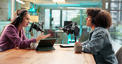 Buy stock photo Talking, books and group of students studying in library for university test, project or exam. Knowledge, notes and friends preparing for college assignment together with scholarship at campus.