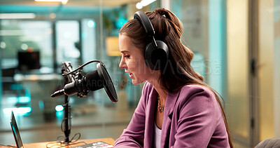 Buy stock photo Woman, speaking and mic in studio for broadcast, podcast recording and laptop for talk show. Audio equipment, influencer and live streaming for radio channel, news announcement and entertainment host