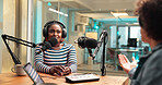 People, microphone and guest for talk show in studio for live streaming, broadcast and news. Host, woman and hosting interview for online platform, media production and storytelling for radio channel