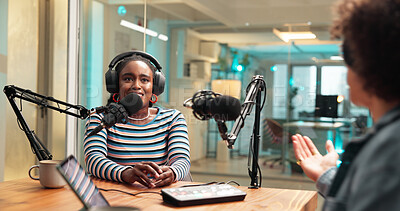 Buy stock photo People, microphone and guest on talk show in studio for live streaming, broadcast and news. Host, woman and interview technology of online platform, media production and storytelling on radio channel