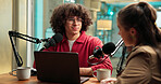 Podcast, microphone and people with laptop and guest for live streaming, broadcast or host. Man, woman and interview for online platform, web presenter and studio for radio or talk show with tech