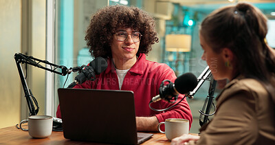 Buy stock photo Podcast, microphone and people with laptop and guest for live streaming, broadcast or host. Man, woman and interview for online platform, web presenter and studio for radio or talk show with tech