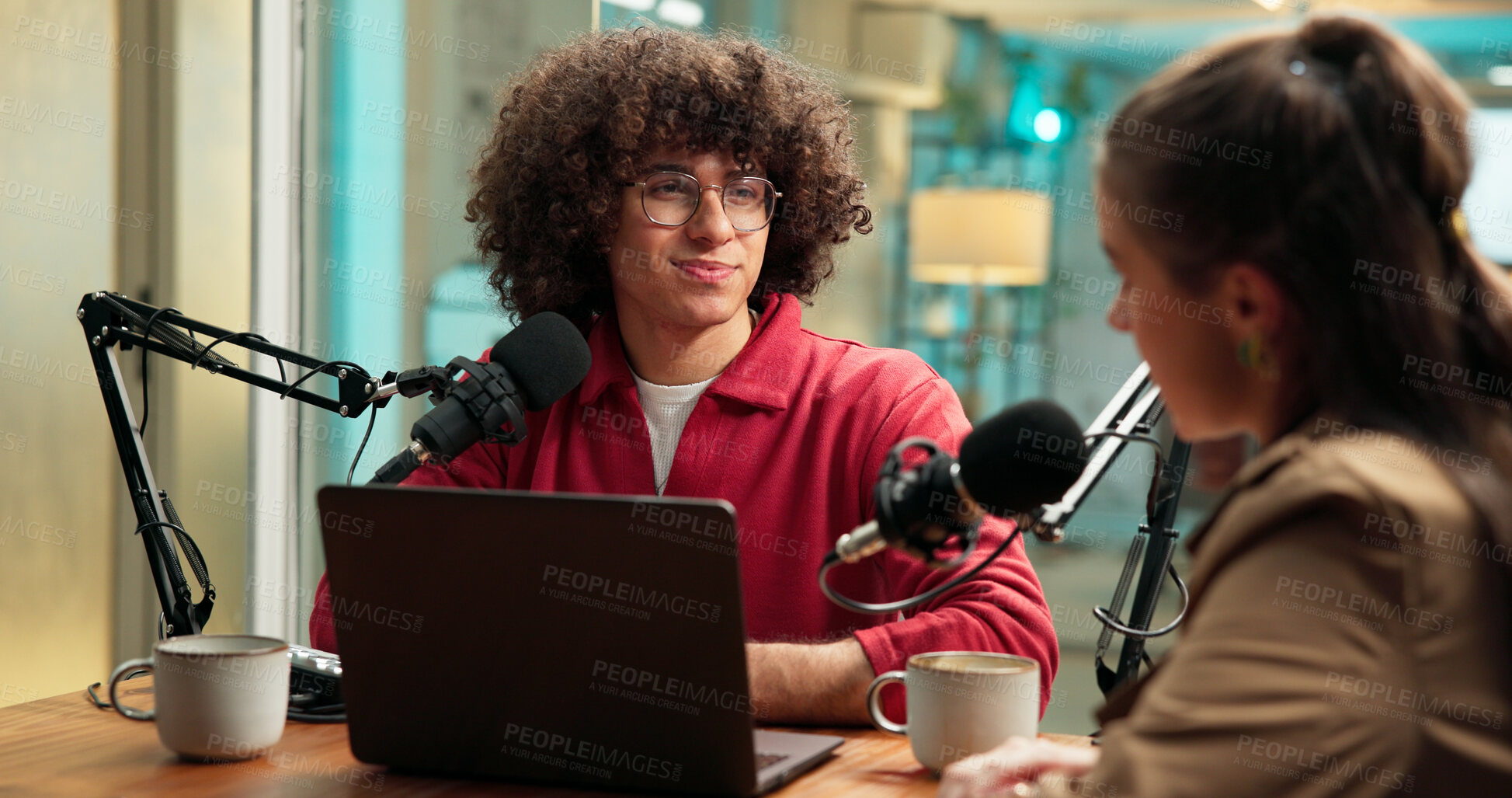 Buy stock photo Podcast, microphone and people with laptop and guest for live streaming, broadcast or host. Man, woman and interview for online platform, web presenter and studio for radio or talk show with tech