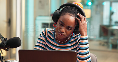 Buy stock photo Broadcast, headphones or woman confused with laptop in studio for script mistake, 404 error or stress. Radio host, content creation and black person with doubt for talk show planning and audio fail
