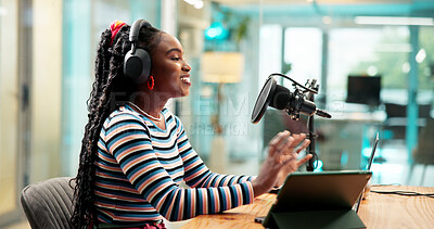 Buy stock photo Talking, headphones and black woman on podcast with microphone for broadcast or radio host. Laptop, happy person and live streaming in studio for show, production or content creation for social media