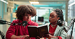 Bible, microphone and radio with people in recording studio for religious study or streaming. Book, podcast and reading with Christian influencer team on talk show for belief, faith or religion