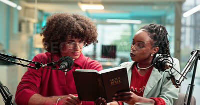 Buy stock photo Bible, microphone and radio with people in recording studio for religious study or streaming. Book, podcast and reading with Christian influencer team on talk show for belief, faith or religion