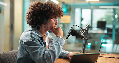 Buy stock photo Microphone, thinking and laptop with man in recording studio for radio, interview research and idea. News announcement, broadcast and reflection with person for online show and on air reporter