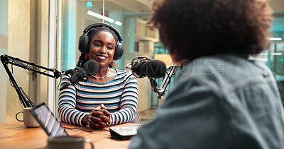 Buy stock photo Woman, microphone and host for podcast in studio for live streaming, broadcast and news. Guest, people and interview for online platform, production and storytelling with talk show for radio channel