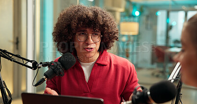 Buy stock photo Talking, mic and man with guest for podcast, interview and discussion for content creation. Influencer, live streaming and host with person for conversation, chat and audio broadcast for radio show