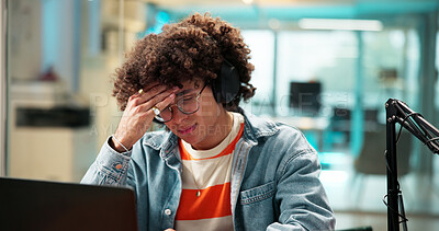 Buy stock photo Stress, influencer and man with mic for podcast with mistake, online glitch and network error. Content creator, worry and person on laptop with audio issue, audience feedback or fail on live stream