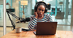 Studio, headphones or woman confused with laptop for script mistake, troubleshooting or doubt. Radio host, content creation or black person with stress for talk show planning, sound fail or recording