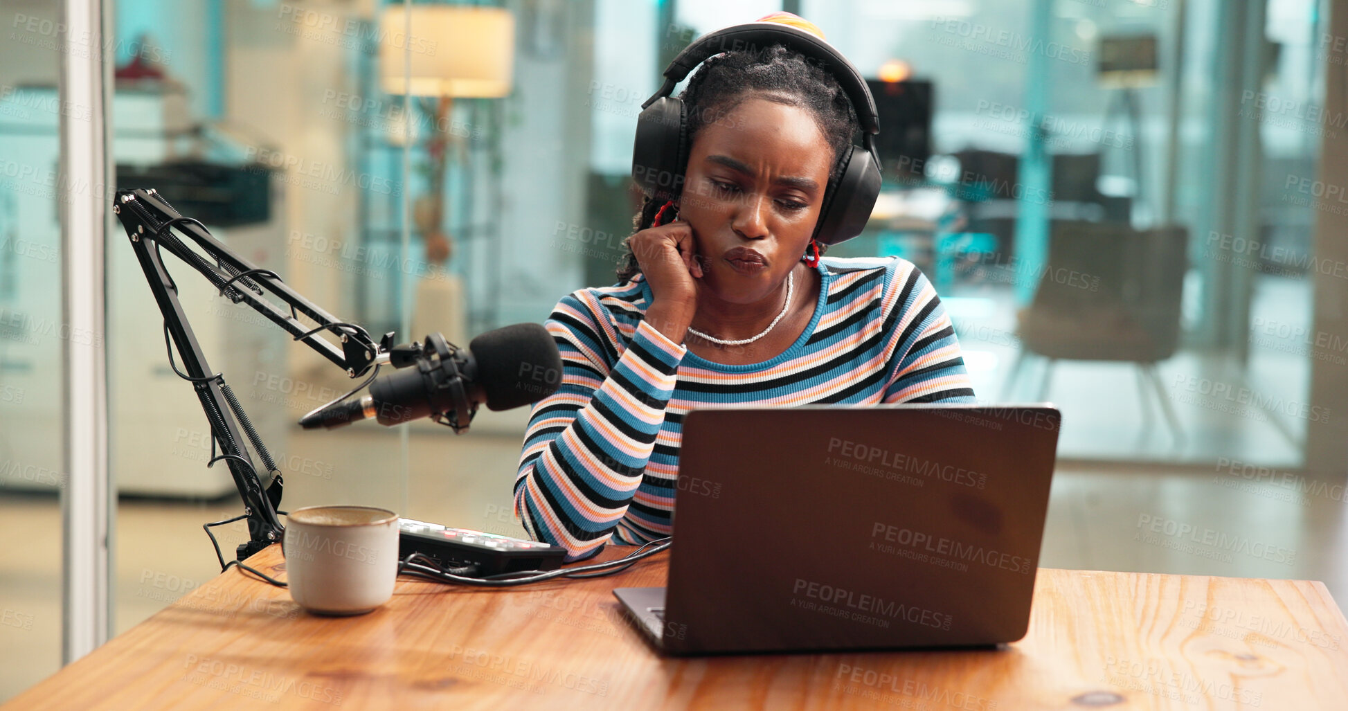 Buy stock photo Studio, headphones or woman confused with laptop for script mistake, troubleshooting or doubt. Radio host, content creation or black person with stress for talk show planning, sound fail or recording