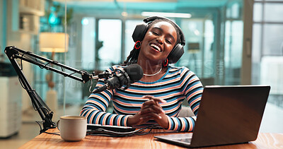 Buy stock photo Talking, headphones and black woman on broadcast with microphone for podcast or radio host. Laptop, happy person and live streaming in studio for production, content creation for social media or POV