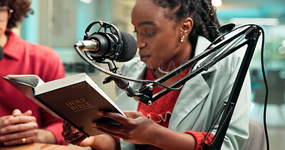 Buy stock photo Bible, microphone and podcast with people in recording studio for religious study or streaming. Book, radio and reading with Christian influencer team on talk show for belief, faith or religion