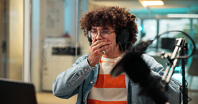 Buy stock photo Shock, man and podcaster with headphones in studio for wow announcement with live streaming. Surprise, male person and influencer with subscribers notification for web channel, broadcast or talkshow.