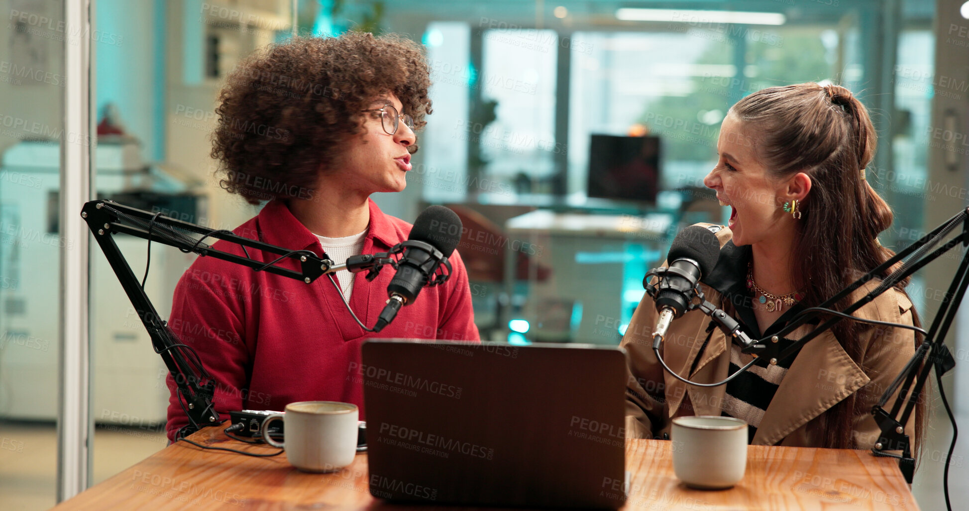 Buy stock photo Podcast, microphone and people or excited guest for live streaming, broadcast or content creation. Man, woman and interview for online platform, presenter and studio for radio or talk show with tech