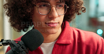 Buy stock photo Man, thinking and mic in studio for broadcast update, podcast recording and ideas of talk show. Audio equipment, speaker and live streaming for radio channel, news announcement and entertainment plan