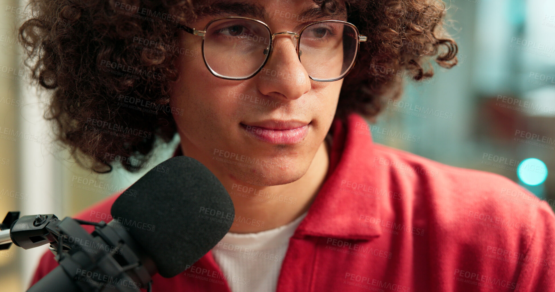 Buy stock photo Man, thinking and mic in studio for broadcast update, podcast recording and ideas of talk show. Audio equipment, speaker and live streaming for radio channel, news announcement and entertainment plan