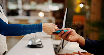 Buy stock photo Hands, credit card and payment with machine at hotel, concierge or booking with hospitality service. People, receptionist and transaction at help desk with fintech, mobile app or reservation at lodge