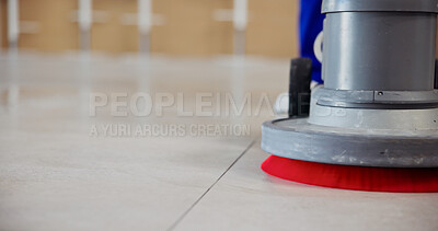 Buy stock photo Janitor, cleaning service and polishing machine on floor for dirt removal, sanitation and hygiene. Space, person and scrubbing equipment at workplace for maintenance, surface grime and shiny tiles