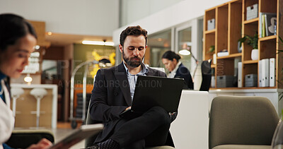 Buy stock photo Laptop, lobby and business man at hotel for guest, conference itinerary and booking reservation. Expo schedule, hospitality and convention venue with person for online, email RSVP and travel