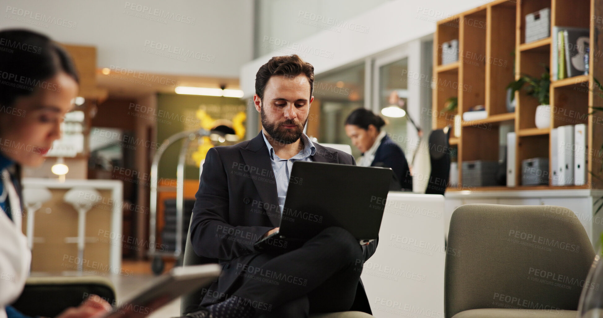 Buy stock photo Laptop, lobby and business man at hotel for guest, conference itinerary and booking reservation. Expo schedule, hospitality and convention venue with person for online, email RSVP and travel