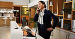 Happy woman, concierge or front desk with phone call for information or online booking at hotel. Female person, secretary or receptionist with smile on telephone for accommodation or check in service
