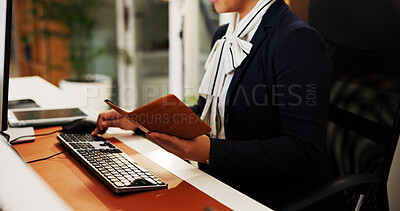 Buy stock photo Receptionist, hands or computer with passport at hotel for check in, reservation or online booking. Hospitality industry, concierge typing and woman with personal info for accommodation confirmation