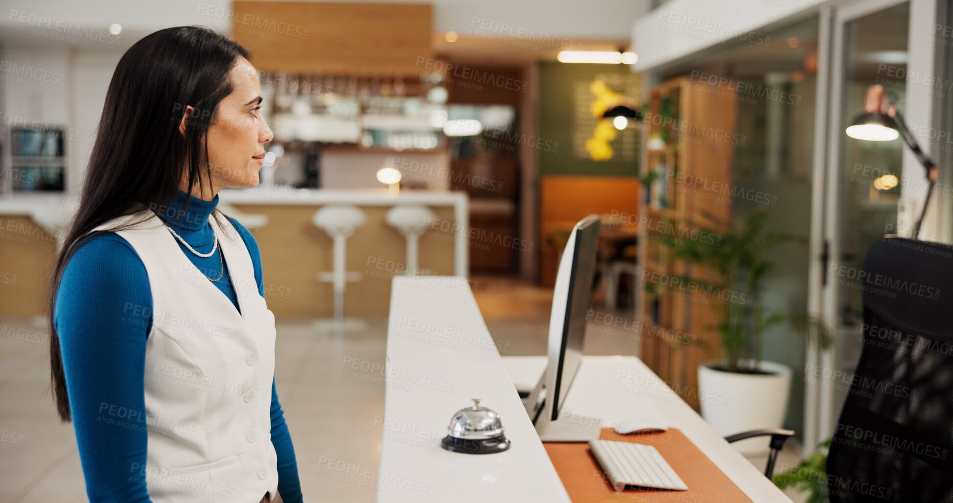 Buy stock photo Woman, customer and waiting at hotel by front desk for accommodation, assistance or service. Female person, bell or check in at resort, lodge or motel for hospitality, information guide or help
