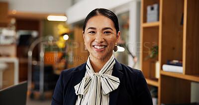 Buy stock photo Portrait, woman and concierge with smile at hotel for about us, welcome and booking accommodation. Person, receptionist and guest assistance, reservation enquiry and customer service for hospitality