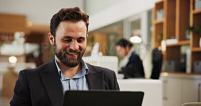 Buy stock photo Laptop, smile and business man at hotel for guest check in, conference itinerary and booking notice. Expo schedule, hospitality and event venue with person for online, keynote speaker list and travel