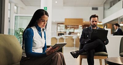 Buy stock photo Hospitality, guest and woman with tablet, lobby and preparation for meeting with tech, web or hotel. Checking, email and people with app for research, online and accountant on business trip in motel