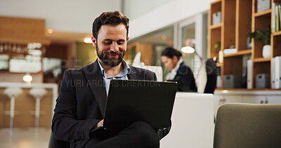Buy stock photo Laptop, reading and business man at hotel for guest, conference itinerary and booking reservation. Expo schedule, hospitality and convention venue with person for online, email RSVP and travel