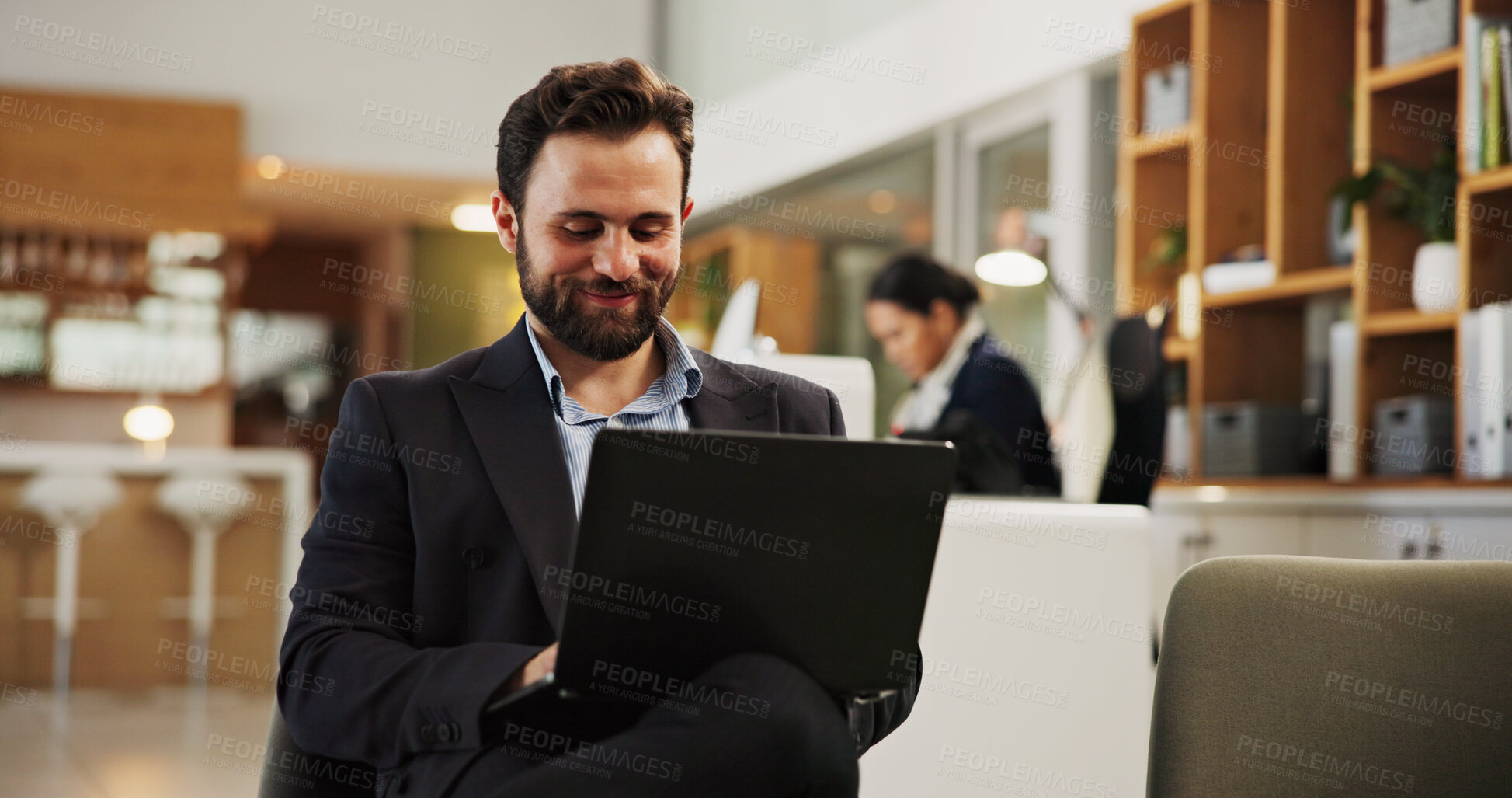 Buy stock photo Laptop, reading and business man at hotel for guest, conference itinerary and booking reservation. Expo schedule, hospitality and convention venue with person for online, email RSVP and travel