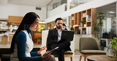 Buy stock photo Hotel, guest and woman with tablet, hospitality and preparation for meeting with tech, web or lobby. Checking, email and people with app for research, online and accountant on business trip in motel