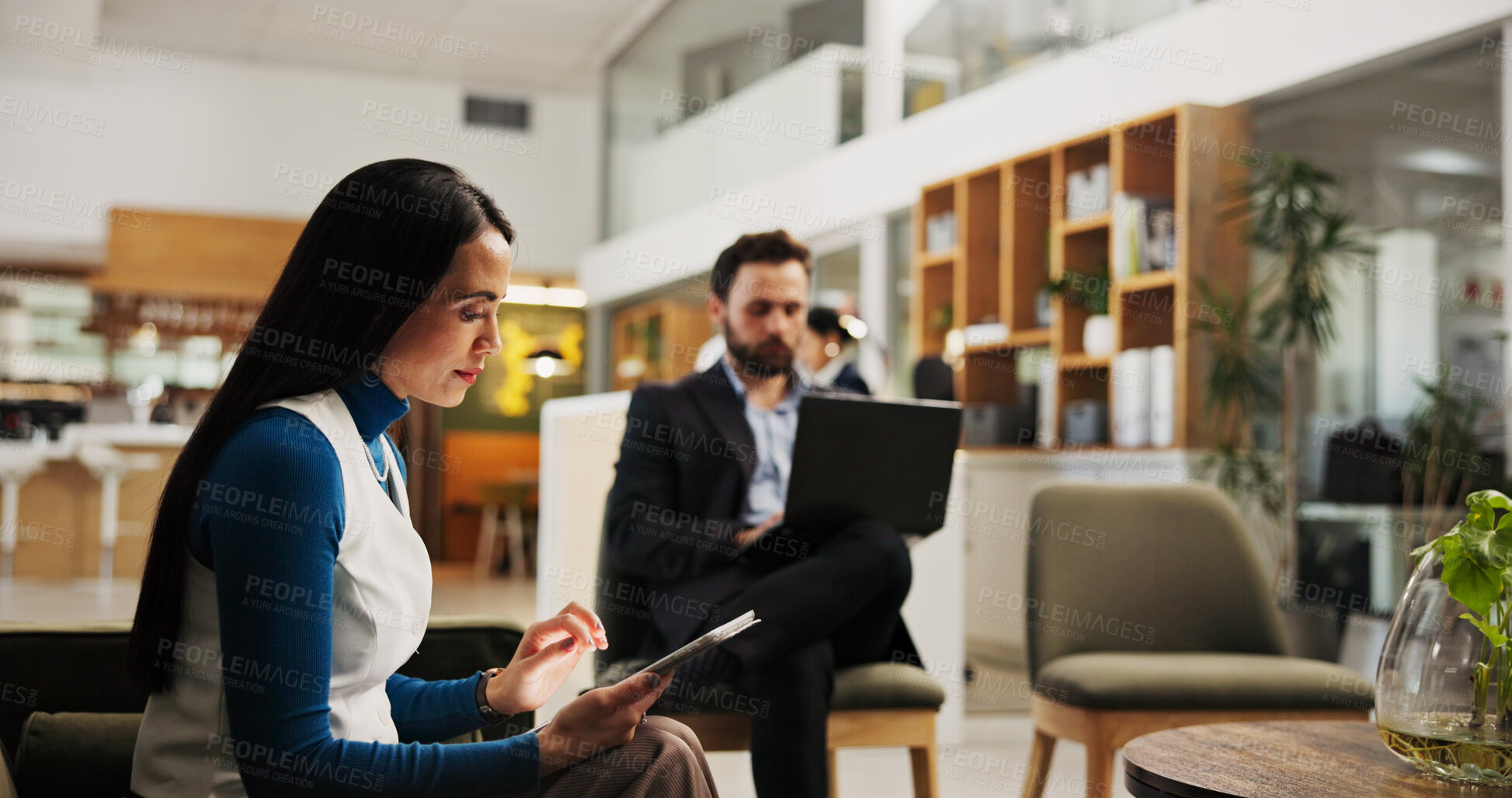 Buy stock photo Hotel, guest and woman with tablet, hospitality and preparation for meeting with tech, web or lobby. Checking, email and people with app for research, online and accountant on business trip in motel