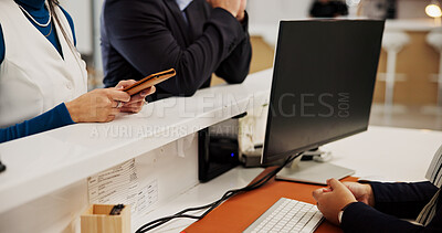 Buy stock photo Hands, passport and concierge at hotel, computer and welcome for booking with blank screen for support. People, reception and help desk with ID, check in and mock up space for hospitality at lodge