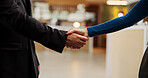Handshake, deal and business people in office with agreement, welcome or negotiation with finance. Partnership, greeting and financial manager shaking hands with investor for investment offer.