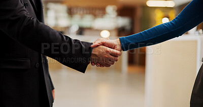 Buy stock photo Handshake, deal and business people in office with agreement, welcome or negotiation with finance. Partnership, greeting and financial manager shaking hands with investor for investment offer.