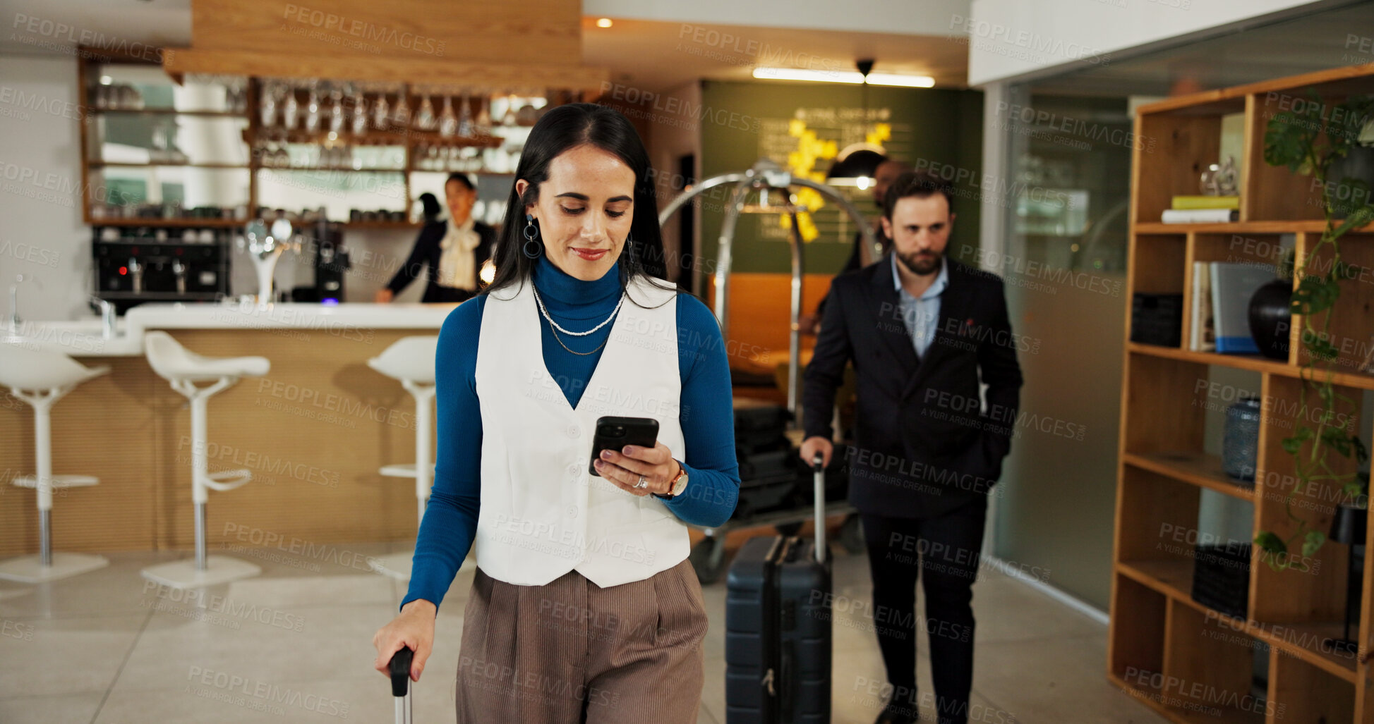 Buy stock photo Hotel, smartphone and woman in lobby, internet and confidence with travel business, luggage and app. Person, entrepreneur and guest in hallway, hospitality and cellphone with connection and texting