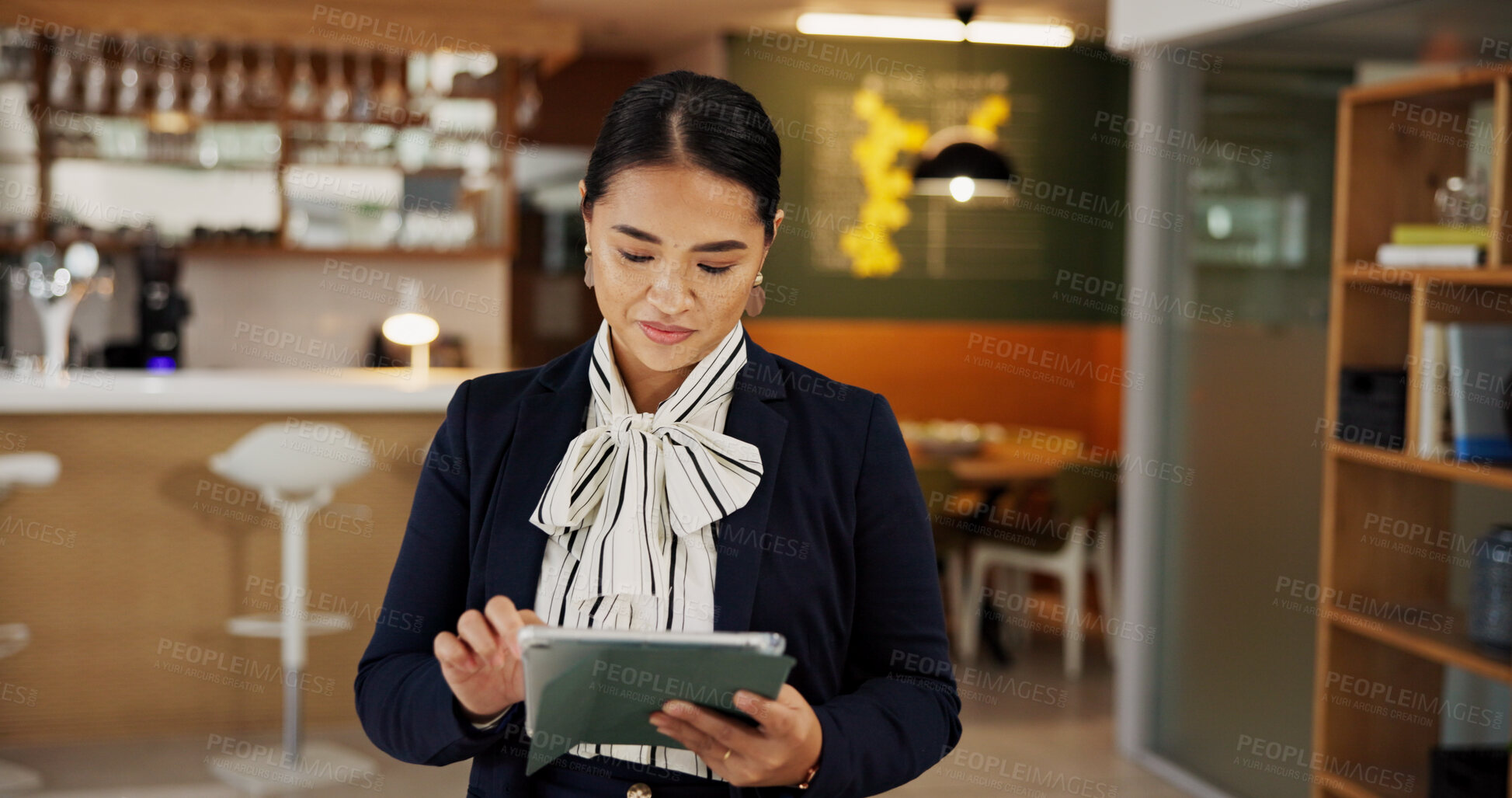 Buy stock photo Concierge, tablet and manager with woman in hotel for online booking, reading and guest check in. Hospitality industry, information desk and digital administration for resort with person in lobby