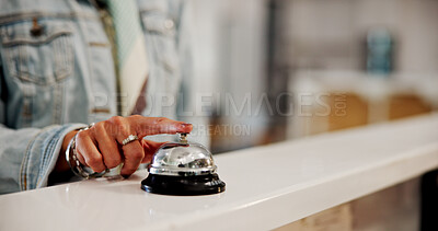 Buy stock photo Press, bell and guest in hotel, urgent and signal for request, attention and reception for check in. Holiday, help desk and person with reservation, space or hands with buzzer for assistance in motel