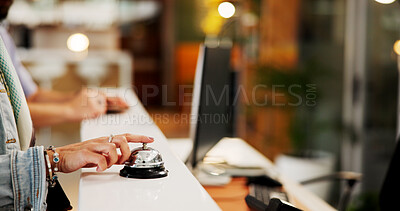 Buy stock photo Hands, bell and guest in hotel, attention and signal for request, urgent and reception for check in. Holiday, help desk and person with reservation, space or press with buzzer for assistance in motel