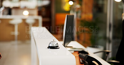 Buy stock photo Bell, hotel or front desk for room service, accommodation or alarm buzzer at reception or entrance. Night, counter and resort with chime, sound or signal for hospitality, guest or visitor information