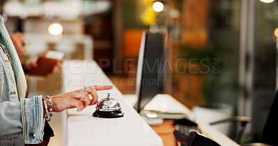 Buy stock photo Person, hands or ring with bell at hotel for room service, alert or attention at front desk. Customer, finger or buzzer with alarm, request or calling concierge for accommodation, hospitality or help
