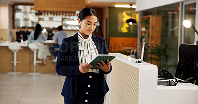 Buy stock photo Reading, tablet and manager with woman in hotel for online booking, concierge and guest check in. Hospitality industry, information desk and digital administration for resort with person in lobby