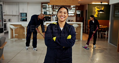 Buy stock photo Woman, portrait and janitor with smile for maintenance job, hygiene and arms crossed with team in uniform. Pride, happy and cleaner with colleagues mop floors, overalls or confident at workplace