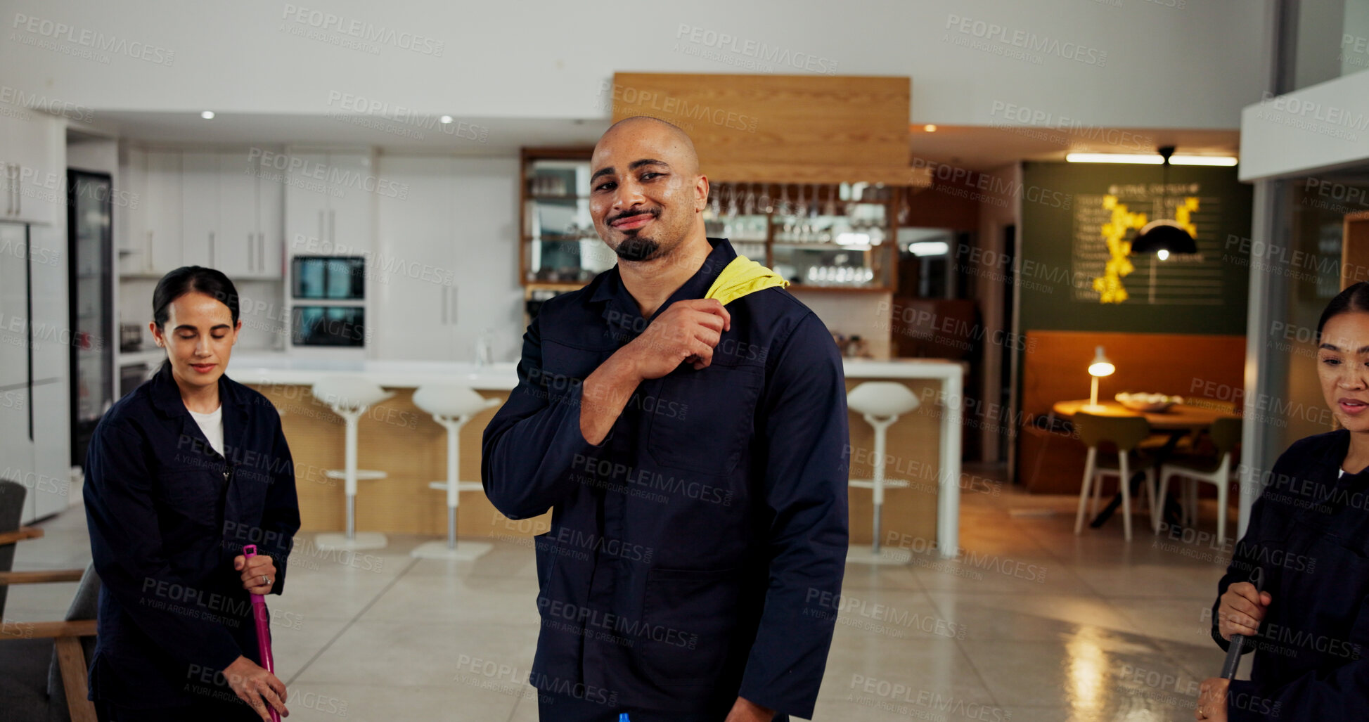 Buy stock photo Cleaning, janitor team and people in office for hygiene, disinfection and bacteria prevention. Maid service, professional and portrait of man with tools for sanitation and maintenance in workplace